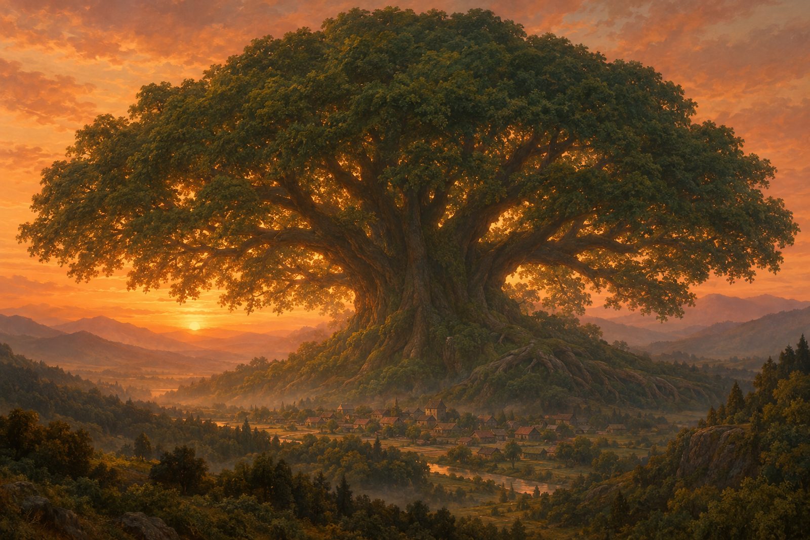 A large tree rising above a village in the landscape, a symbol for a possible society